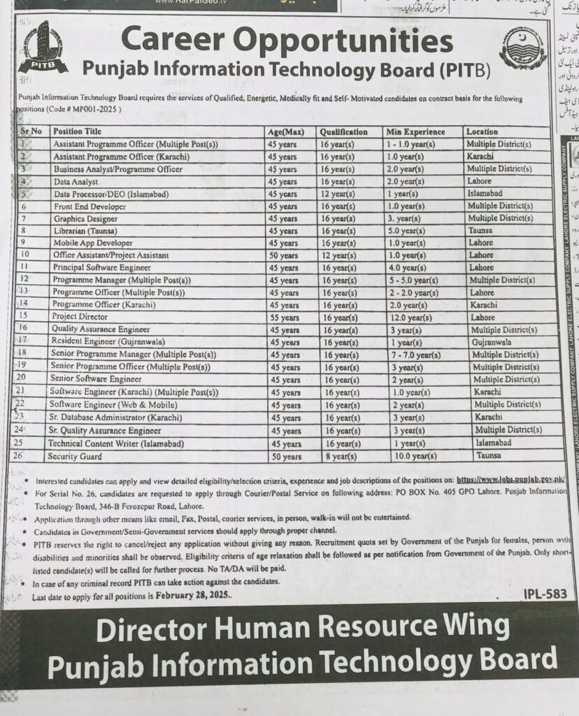 Latest Punjab Information Technology Board Jobs 2025 1739358878 Published Advertisment Mp001 2025